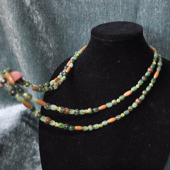 Hand Beaded Long Stand Necklace Wooden & Green Beads Mixed Medium Boho 30" - Picture 4 of 11